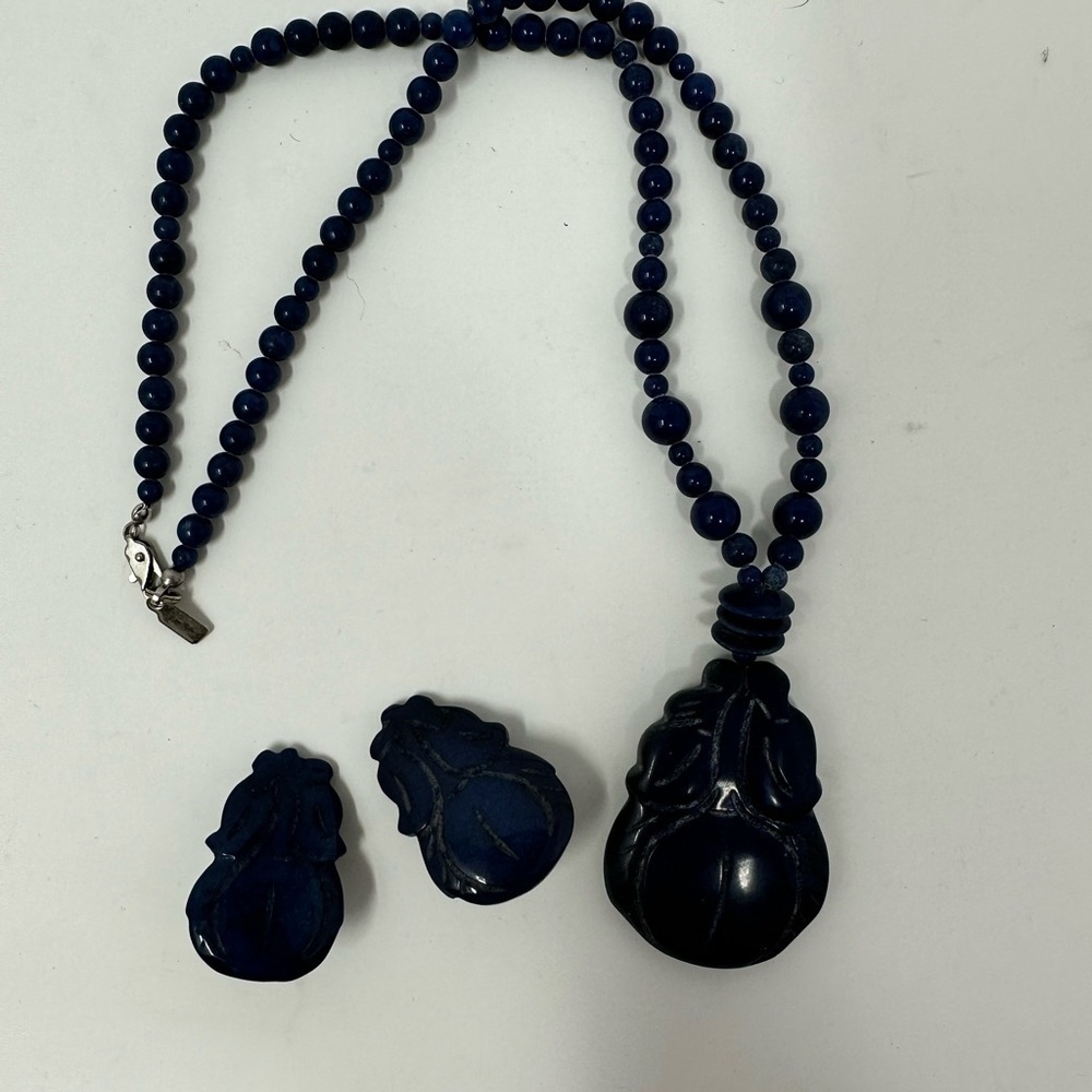 Vintage Karla Jordan Lapis Lazuli Stone Necklace and Clip on earrings
